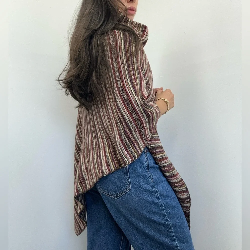 Striped Multi-color Funnel neck Knit Poncho One Size - Picture 3 of 7